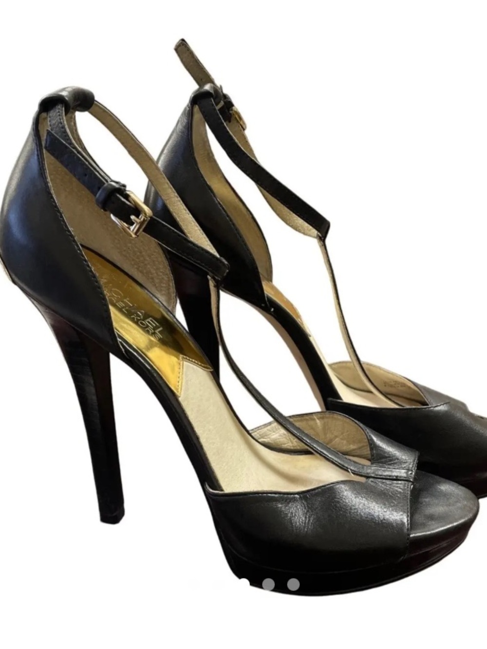 Michael Kors Black Leather T-Strap Peep-Toe Stiletto Heels